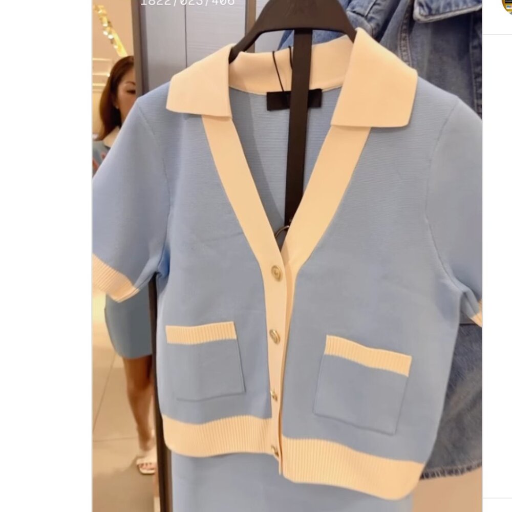 Zara Light Blue and Cream Short Sleeve Cardigan